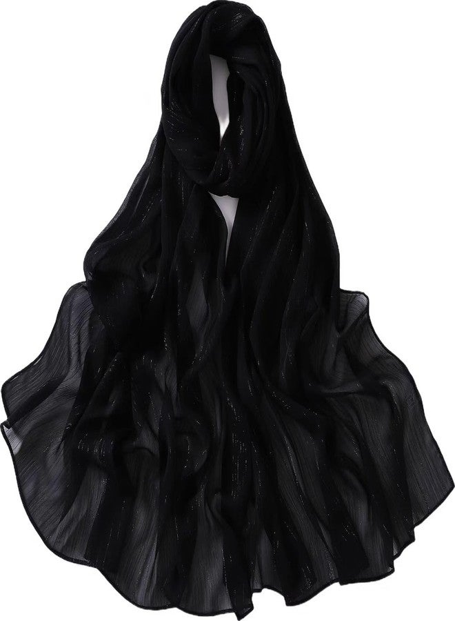 HURESON Women Hijab Chiffon Head Scarf Lightweight Shimmer Scarves Crepe Wedding Shawls and Wraps for Evening Dresses Shiny (Black) - Image 1